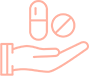 A pink and white icon of a hand holding a pill.