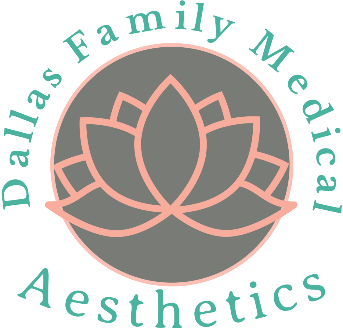 A green background with the words dallas family medical aesthetics in front of an image of a lotus flower.